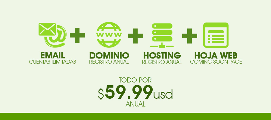 Email + Dominio + Hosting + Hoja Web por $59.99 usd